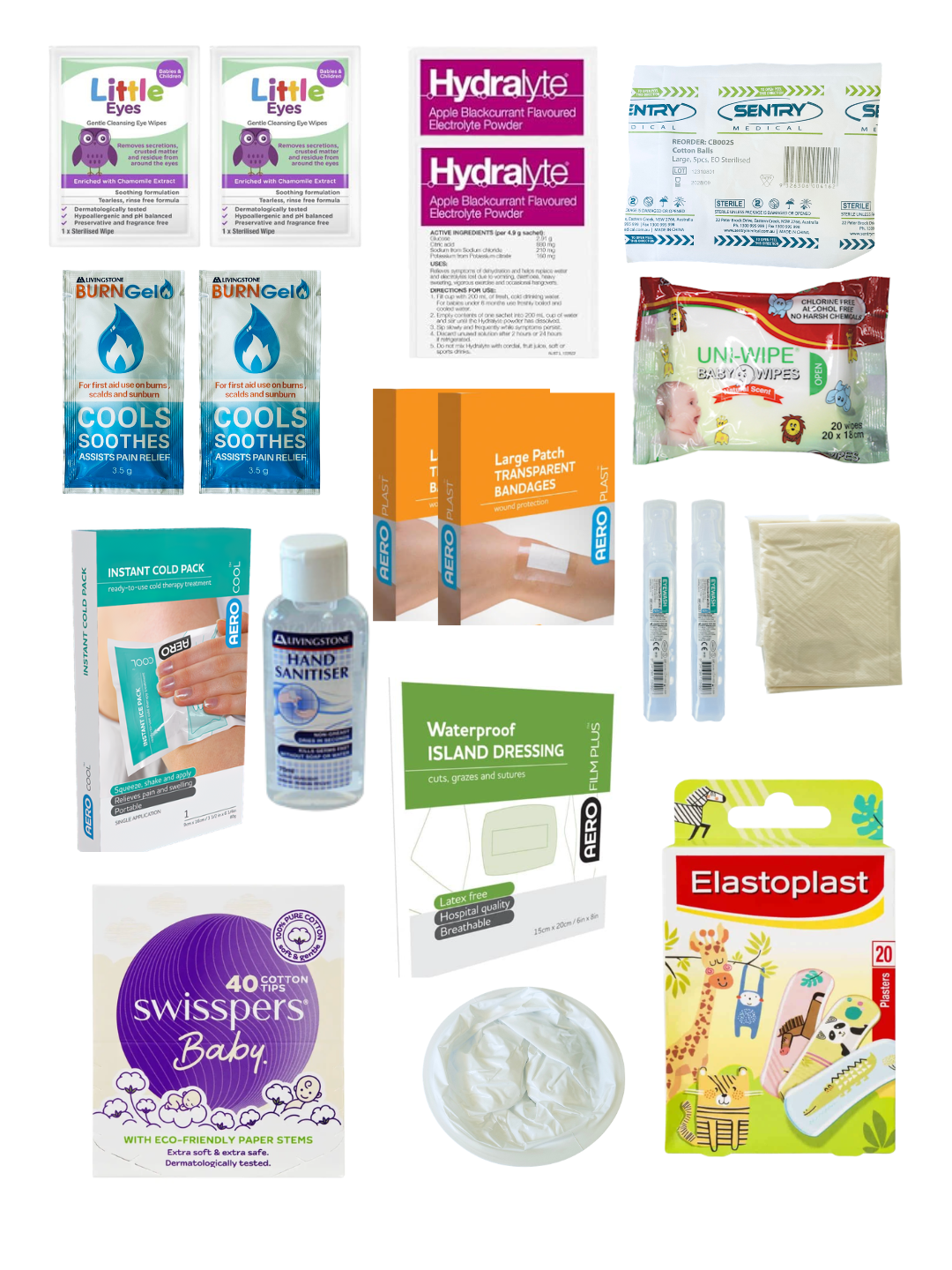 Lifepac Keep Your Ouchie baby refill kit with bandages, antiseptic wipes, and first aid supplies for minor injuries.