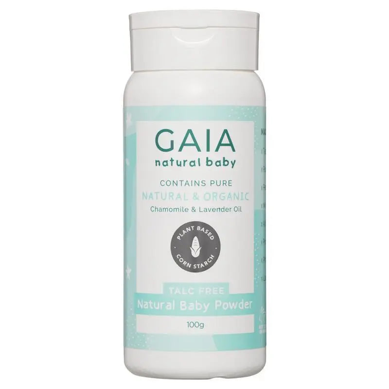 Lifepac Gaia Natural Baby Powder 100g container with white powder, featuring a clean, child-friendly packaging design.