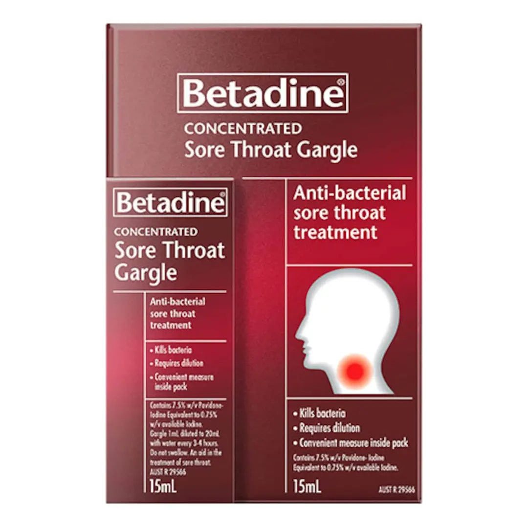 Lifepac Betadine Sore Throat Gargle 15ml bottle with label, used for soothing sore throats and oral care.