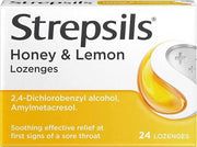 Lifepac Strepsils Honey & Lemon lozenges in a 24-pack, showing the packaging with honey and lemon flavor branding.