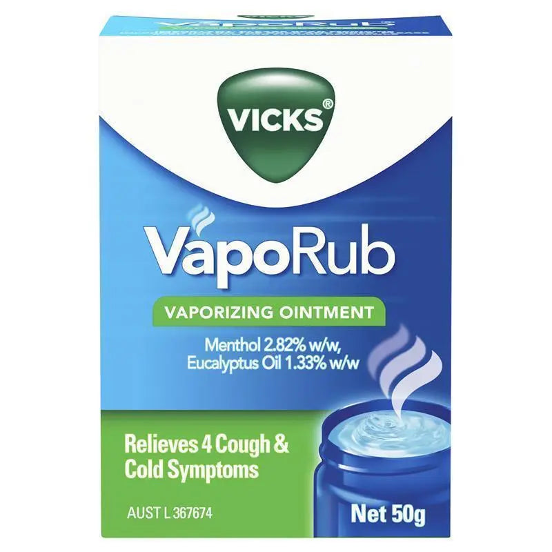Lifepac Vicks VapoRub 50g ointment container with label showing menthol and eucalyptus ingredients for cough and cold relief