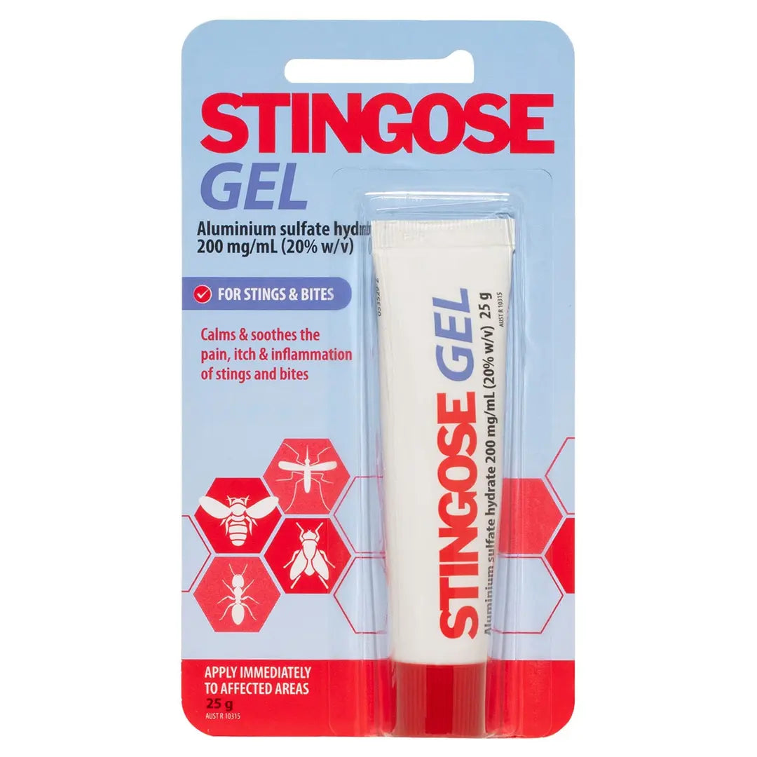 Lifepac Stingose Gel 25g tube with applicator for insect bite relief, lying on a white surface.