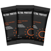 Lifepac Ultraprotect SPF50+ sunscreen sachets in a 3-pack, 10ml each, with protective sunblock cream visible in the image.
