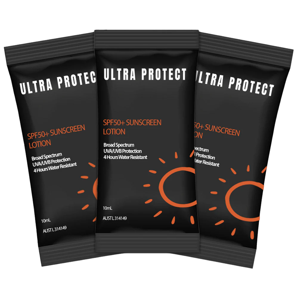 Lifepac Ultraprotect SPF50+ sunscreen sachets in a 3-pack, 10ml each, with protective sunblock cream visible in the image.
