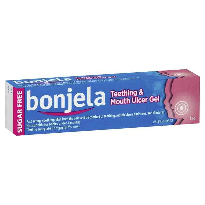 Lifepac Bonjela teething and mouth ulcer gel 15g tube, showing the product packaging and applicator tip.
