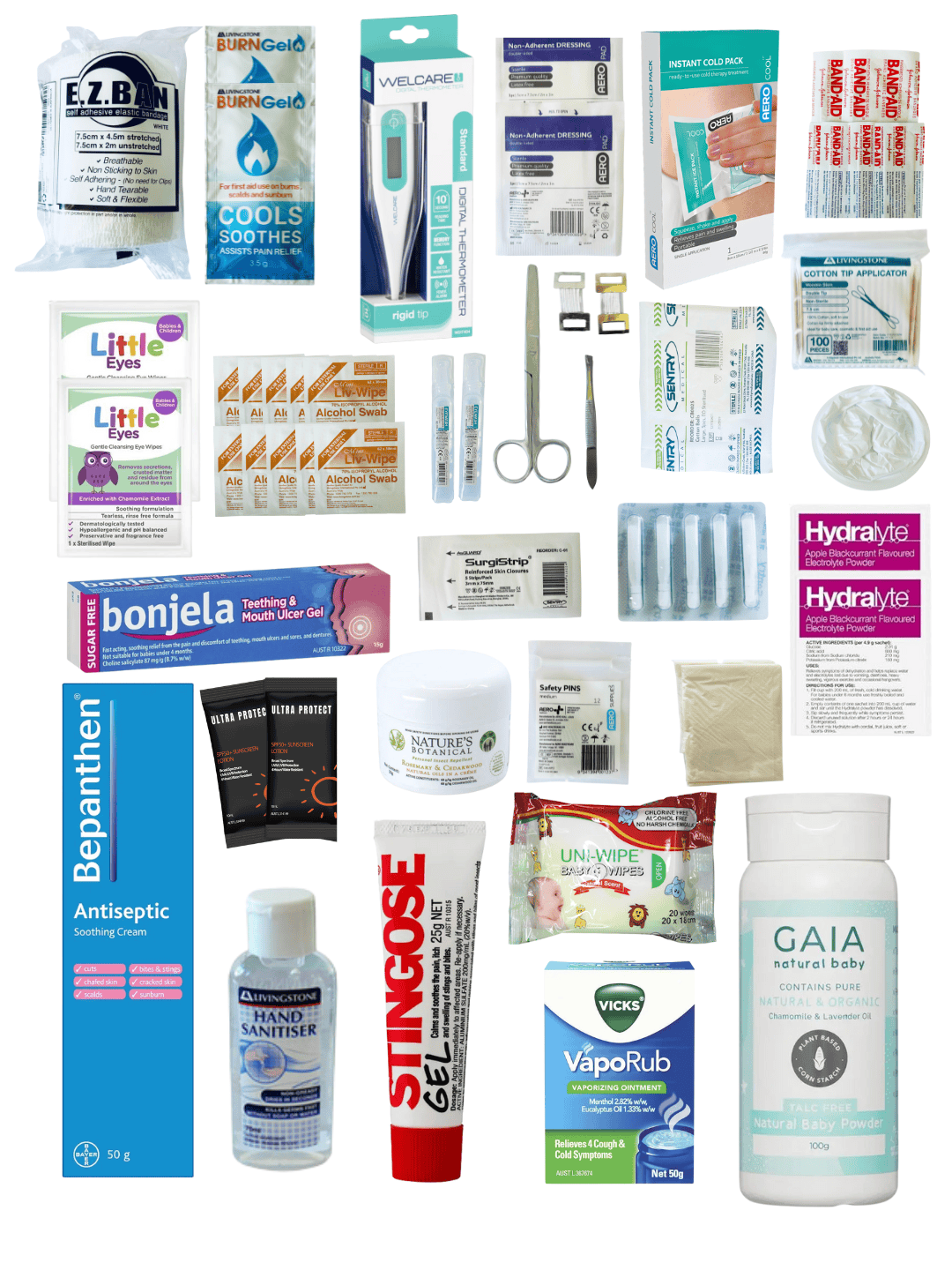Lifepac Ouchie Kit Refill with assorted adhesive bandages, antiseptic wipes, and first aid supplies for minor injuries.